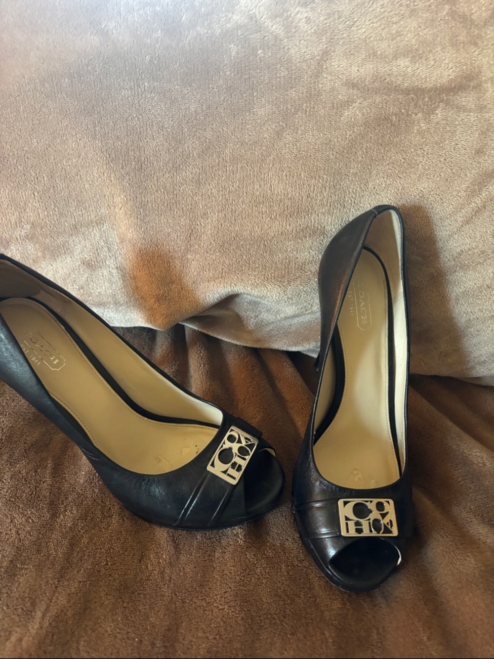 Coach Black Leather Peep-Toe Heels with Signature Logo Accent